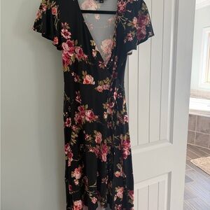 Black Floral Midi Wrap Dress with Pink Rose Print